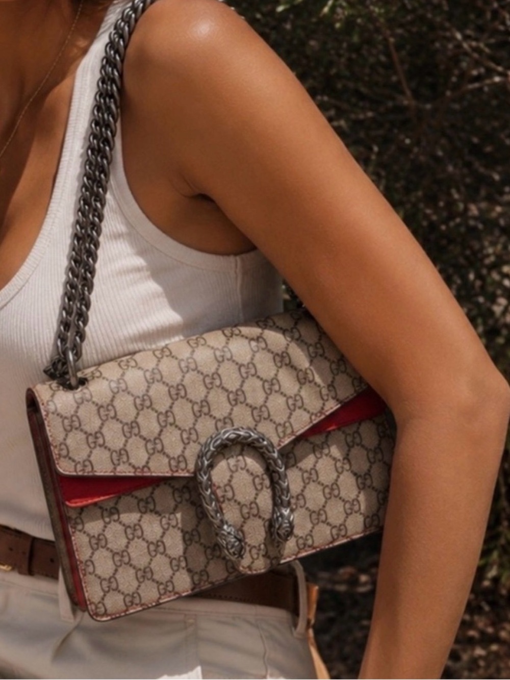 Gucci Beige GG Supreme Canvas Shoulder Bag with Red Trim and Silver Hardware